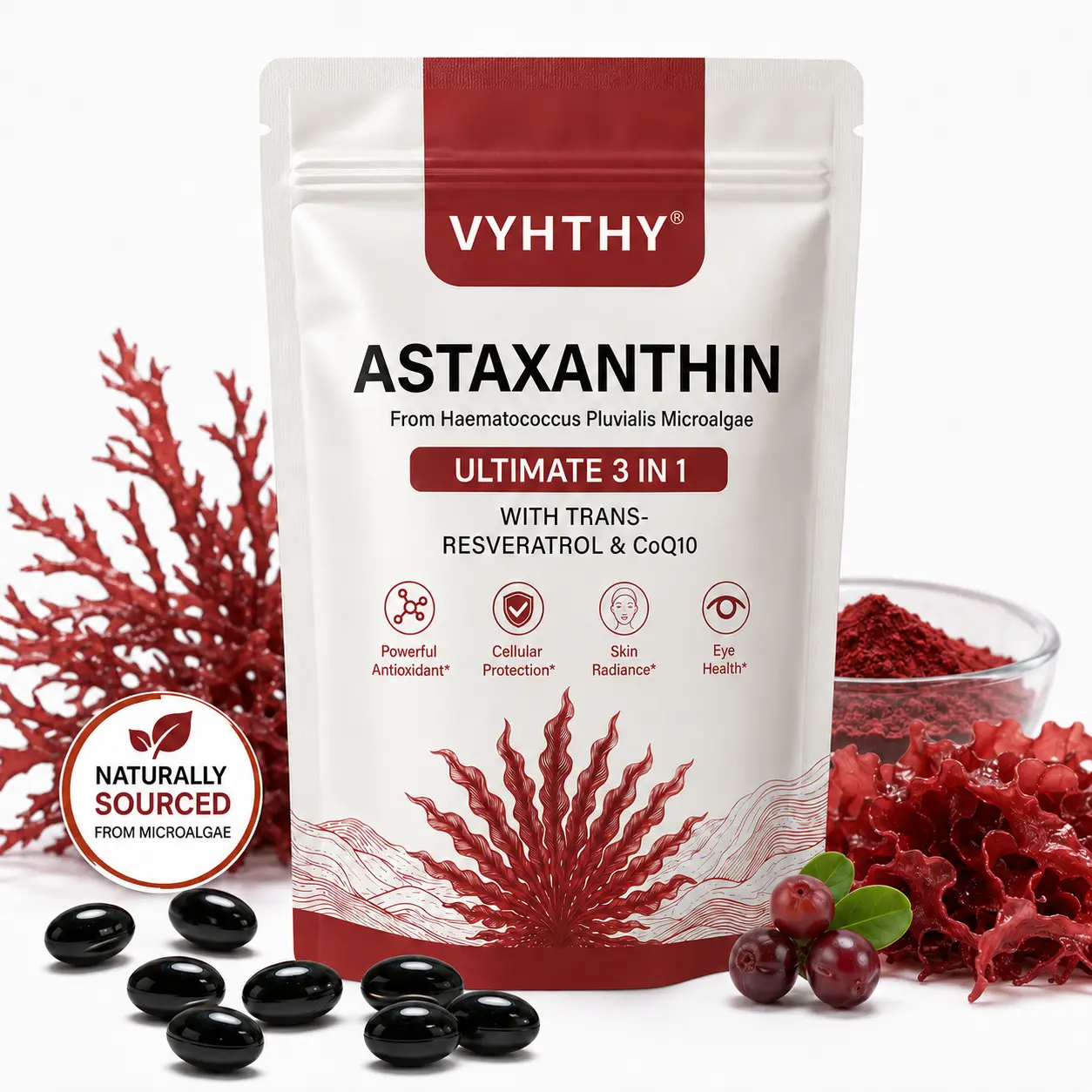 VYHTHY Astaxanthin 12mg Ultimate 3-in-1 with Trans-Resveratrol 100mg & CoQ10 50mg, 240 Softgels | Enhanced Bioavailability with Coconut MCT Oil & Piperine | Cellular Antioxidant for Skin Radiance, Eye & Heart Health