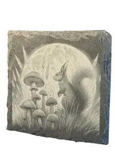Engraved Slate Rock Coaster with Squirrel and Mushroom Moonlit Forest Design, Natural Stone