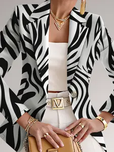 Women's Autumn Outdoor Asymmetrical Striped Geometric Print Blazer Jacket, Casual Chic Elegant Fitted Regular Length, Spring & Fall Fashion, Outerwear