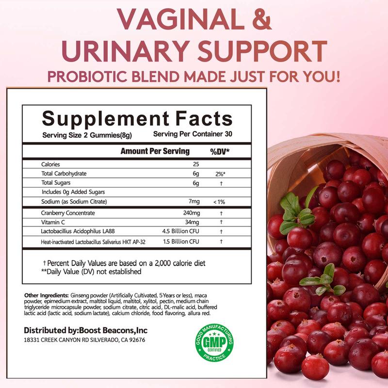 Product Introduction of Boost Beacon Women's Probiotic Gummies for Feminine Health | Cranberry Gummies for pH Balance & UTI Prevention | Vitamin C | Hormonal Support | 60ct Supplement Natural 36