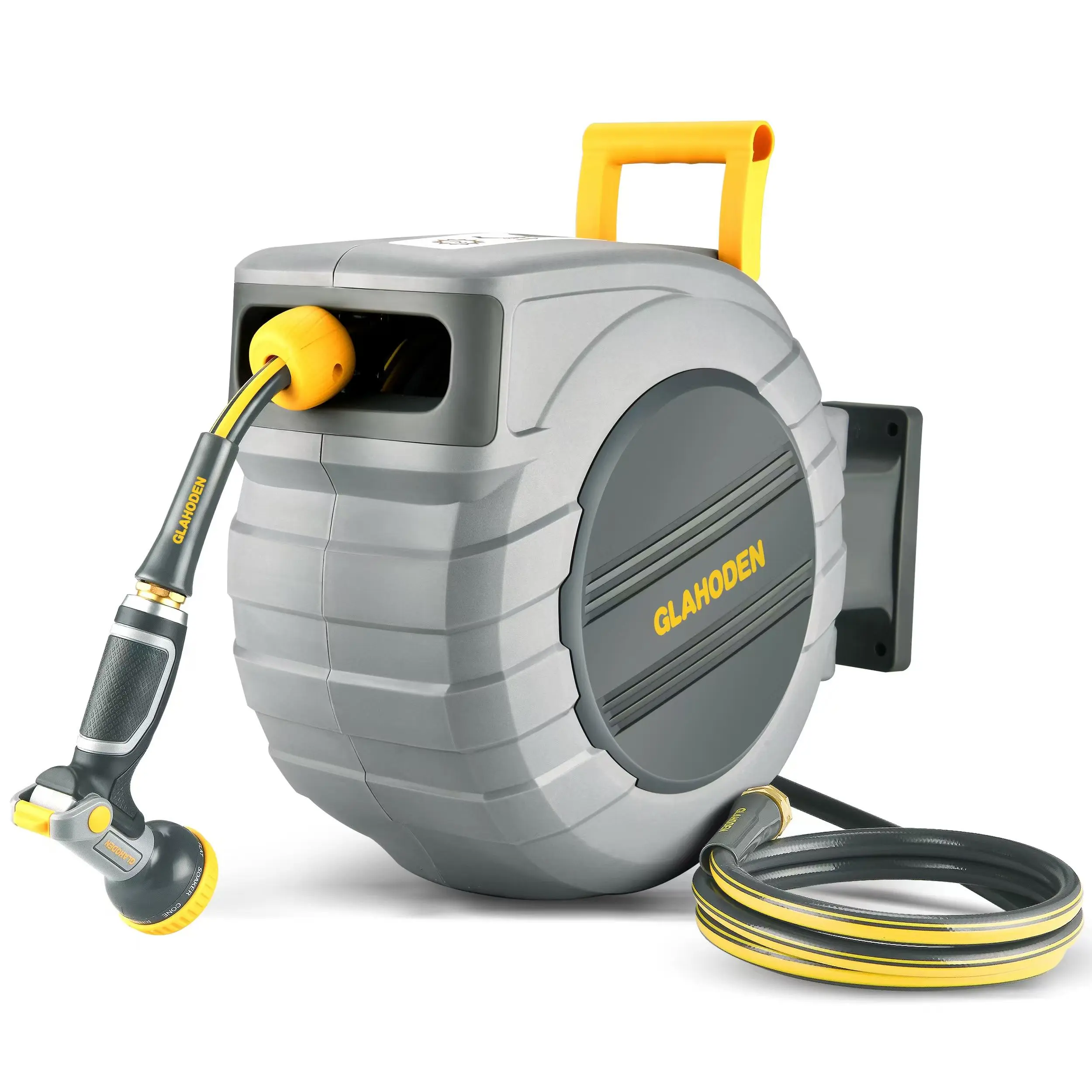 【summerfinds】GLAHODEN Retractable Garden Hose Reel, 5/8 Inch x 100 ft /50ft/65ft/100ft/115ft Wall Mounted,Heavy Duty with 9-Pattern Nozzle, Adjustable Length Lock, Upgraded Slow Return System & 180° Swivel BracketComplimentary gift  provided at random