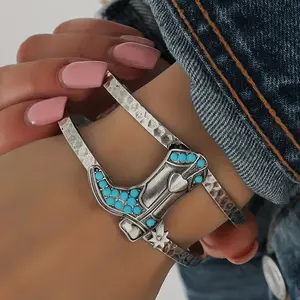 Boho Western Style Cowboy Boots Pattern Bangle Bracelet Inlaid Turquoise Bohemian Jewelry For Women