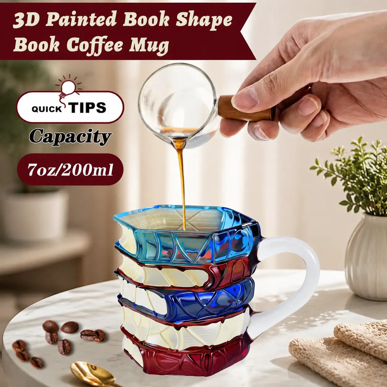 3D Book Shaped Coffee Mug, Colorful Painted Glass Cup with Creative Novelty Design, Unique Literary Gift for Readers, Librarians, Book Lovers, and Coffee Enthusiasts