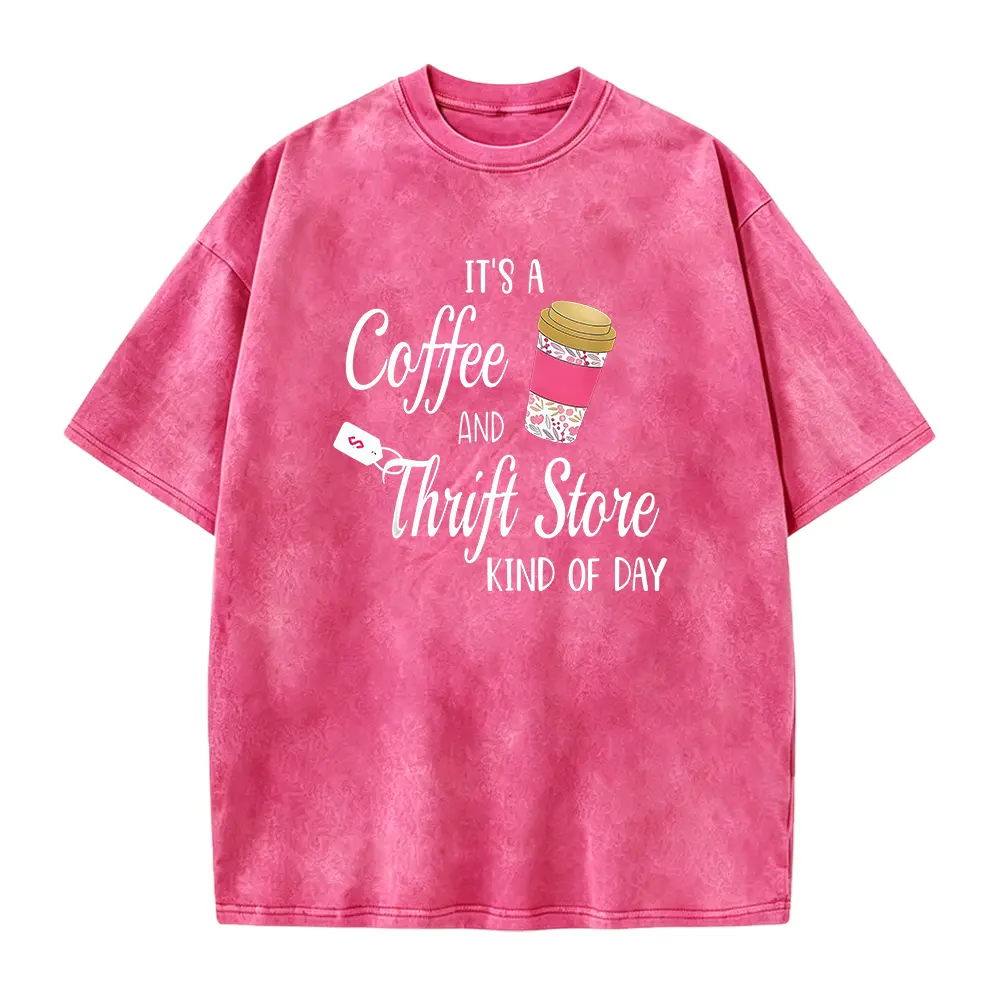 Vintage Coffee Cup "It's A Coffee And Thrift Store" Print Women's T-Shirt - Literary Relaxed Casual Top with Round Neck and Short Sleeves, Machine Washable Fabric Suitable for Spring, Summer, and Autumn. Ideal for Commuting, Outings, and Daily Wear.
