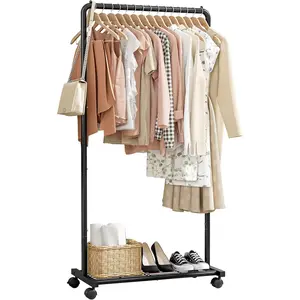 Clothes Rack - Clothing Rack with Storage Mesh Shelf & Casters, Heavy-Duty Metal Clothing Rack for  Clothes, Dresses, Coats, Large Load Capacity, Easy Assembly, Black, 28.0"x16.9"x59.0"