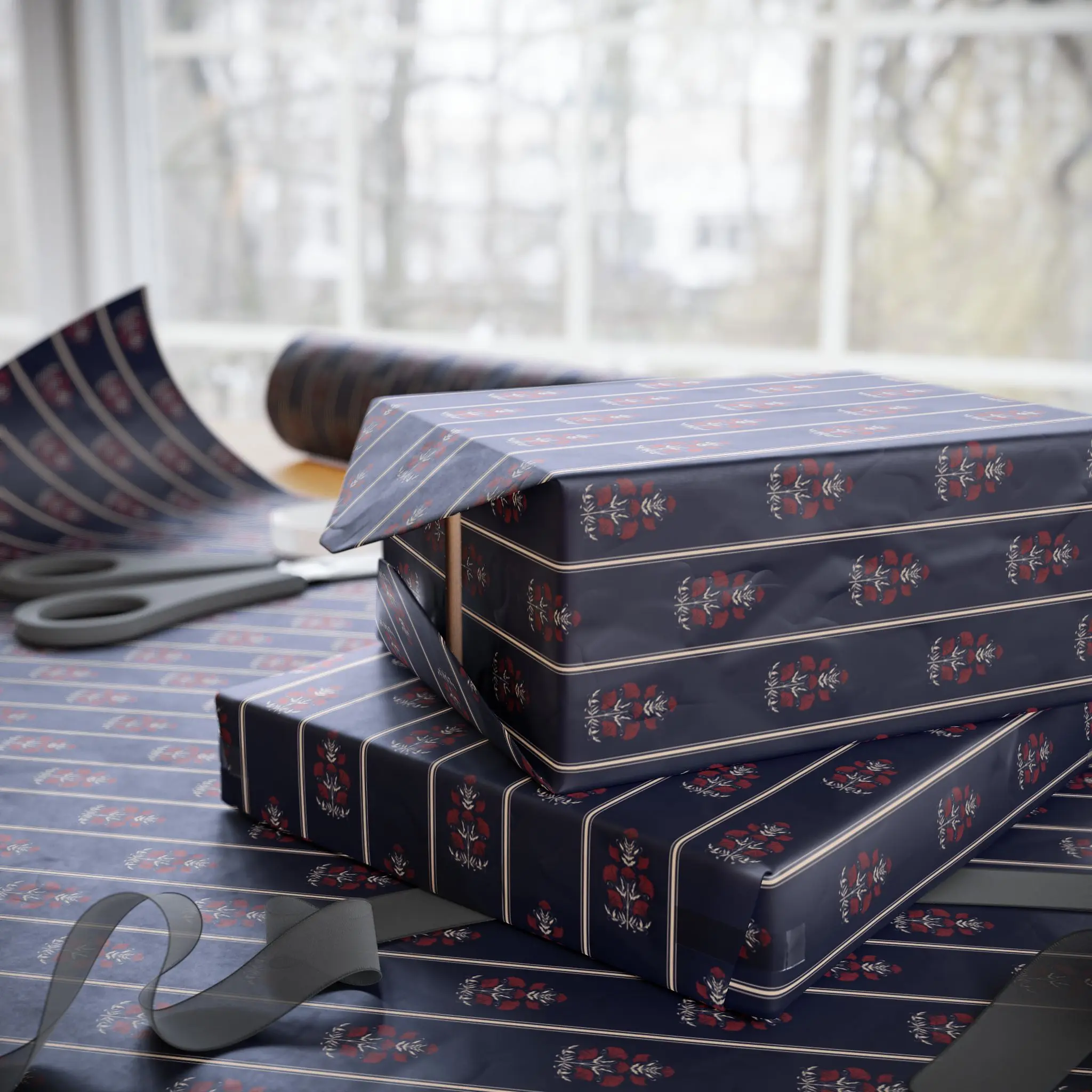 Navy Floral Wrapping Paper, Elegant Luxury Gift Wrap with Red Flowers and Pinstripes for Christmas, Holidays and Weddings