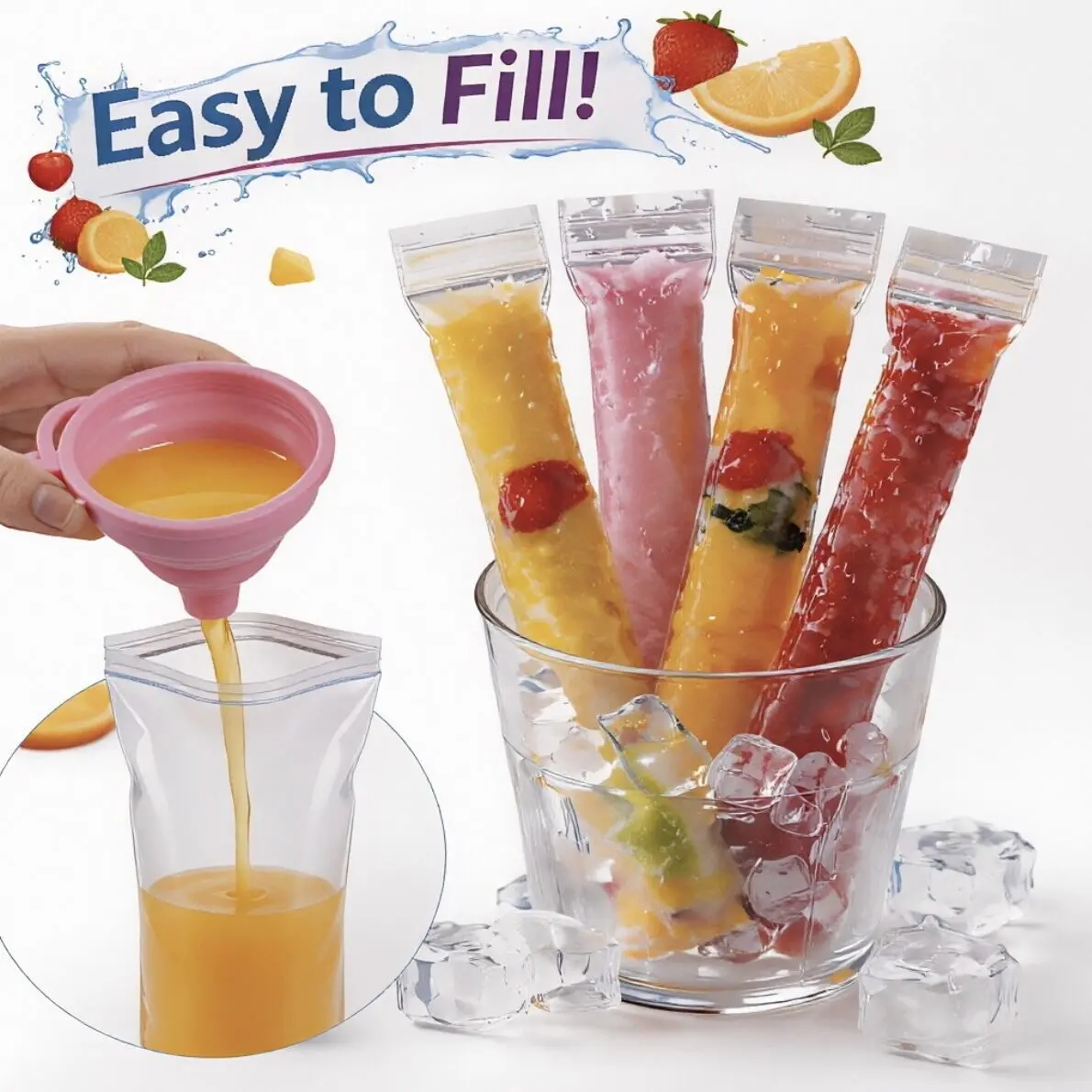 DIY Ice Pop Bags - 100 PCS Homemade Frozen TreatMaker, Leak-Proof, BPA Free, Easy Fill Popsicle Pouches forKids & Family Summer Snacks
