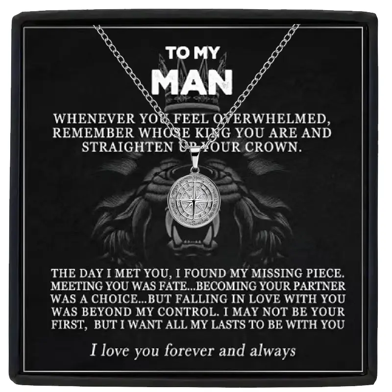 Stainless Steel Compass Pendant Necklace, Unisex Engraved Custom Script Personalized Jewelry, To My Man Gift with Card and Gift Box