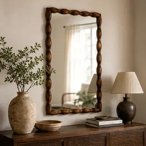 ARCH 36.02" Mid-Century Modern Swirl Wood Frame Mirror Wall Mounted Full Length Mirror Solid Wood & MDF Brown Walnut Decorative Mirror for Bedroom Living Room Entryway Retro Dressing Mirror, Walnut Color Options, Mirror Material, Retro Style