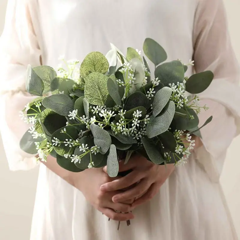20 Pcs Mixed Artificial Oval Eucalyptus Leaves Bulk with White Seeds Stems and Spray for Vase Floral Wreath Bouquets Wedding Greenery Decoration