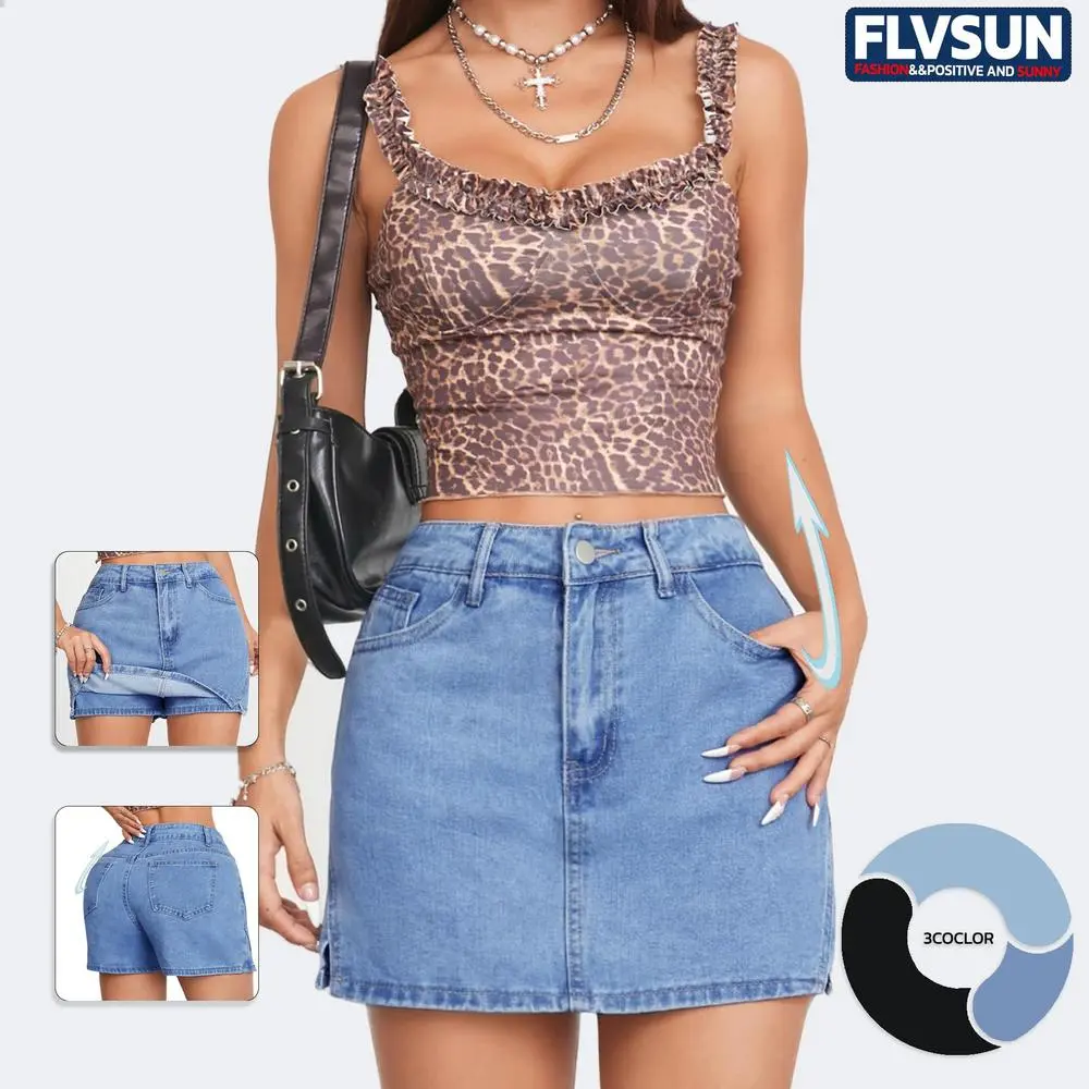 Flvsun Women's High Waist Denim Jean Skirt - Bodycon Mini, Retro-Inspired Fitted Casual Streetwear Bottoms, Medium Blue Classic Cropped Pantskirts, Denim Skirt, Casual Streetwear Skirt