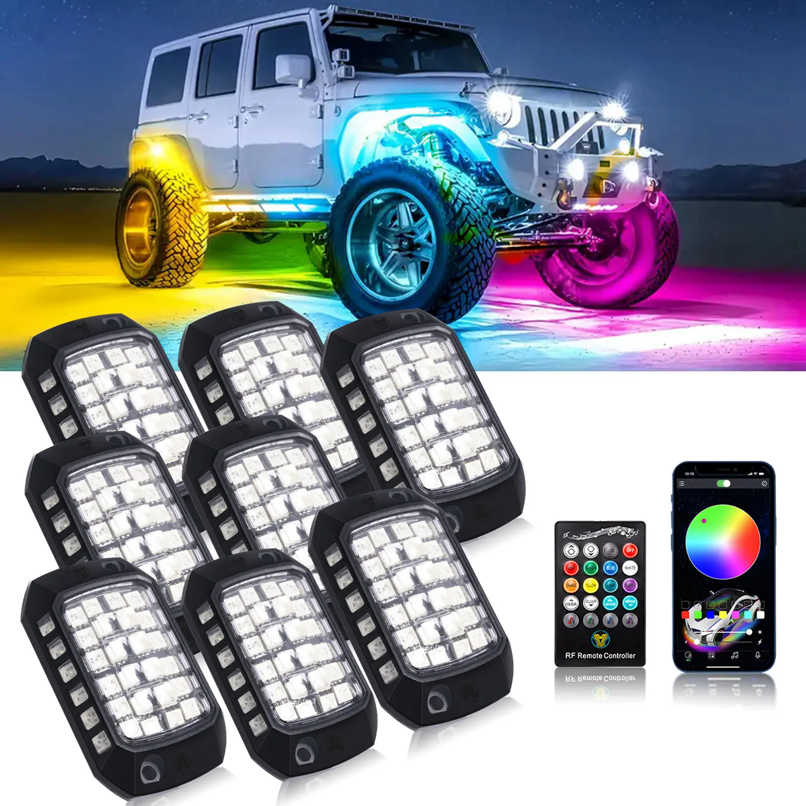 RGB Rock Lights, 8 Pods 36 LEDs SMD Chips Super Bright App Control Car Ambient Lighting Car Decorative Light Underglow Neon Light Exterior Chassis Wheel Well Glow Kit for Off Road Cars Trucks Jeep SUV UTV ATV RZR Golf Cart