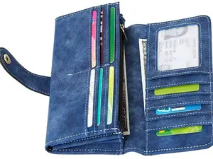 Women's Vegan Leather Wallet with 17 Card Slots and Bifold Checkbook Purse (Dark Blue)