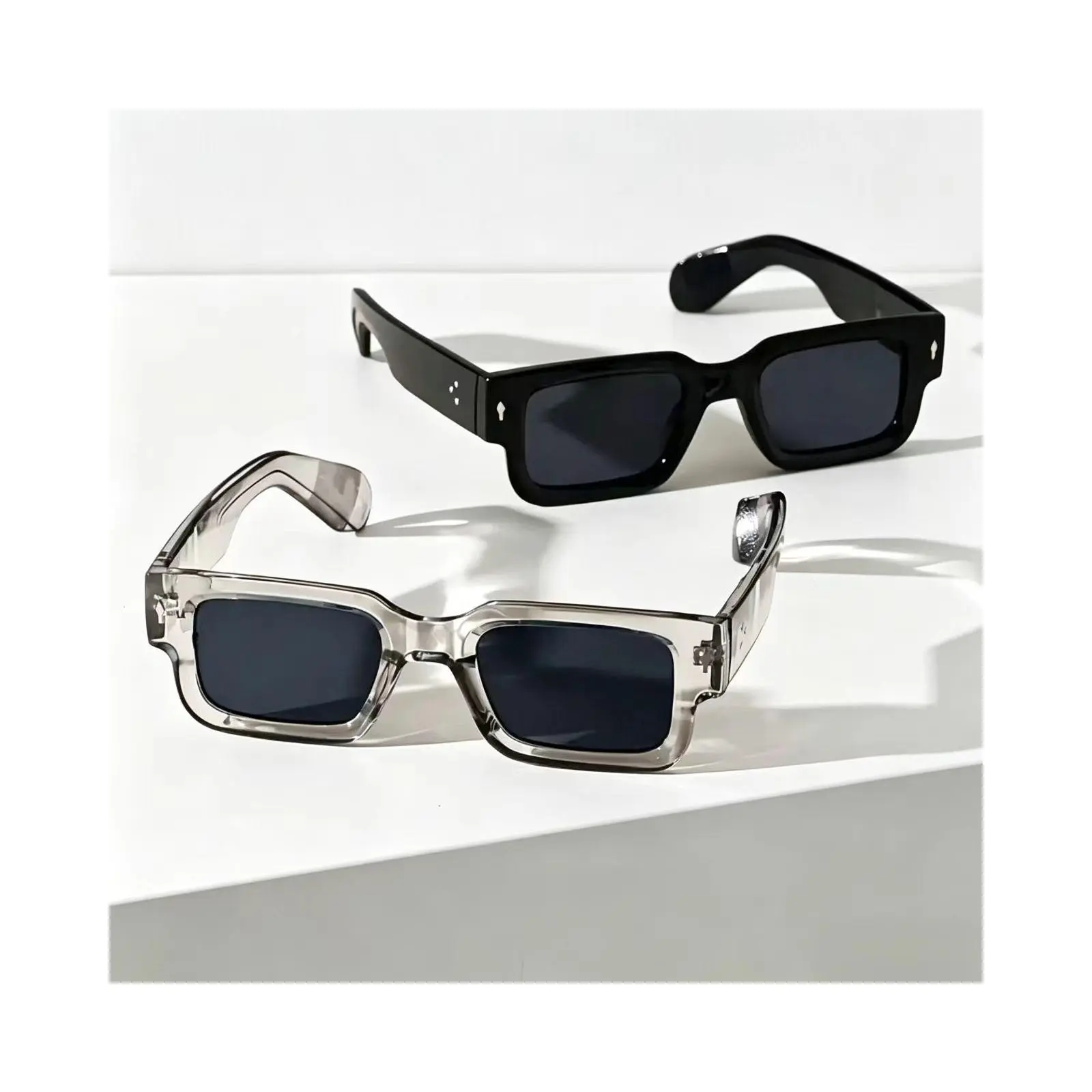 KIMOR 2 Pack Retro Square Sunglasses for Men Women - Chunky Rectangle Frames in Black & Transparent Gray, UV400 Lenses, 90s Y2K Street Style Shades for Driving, Beach & Outdoor