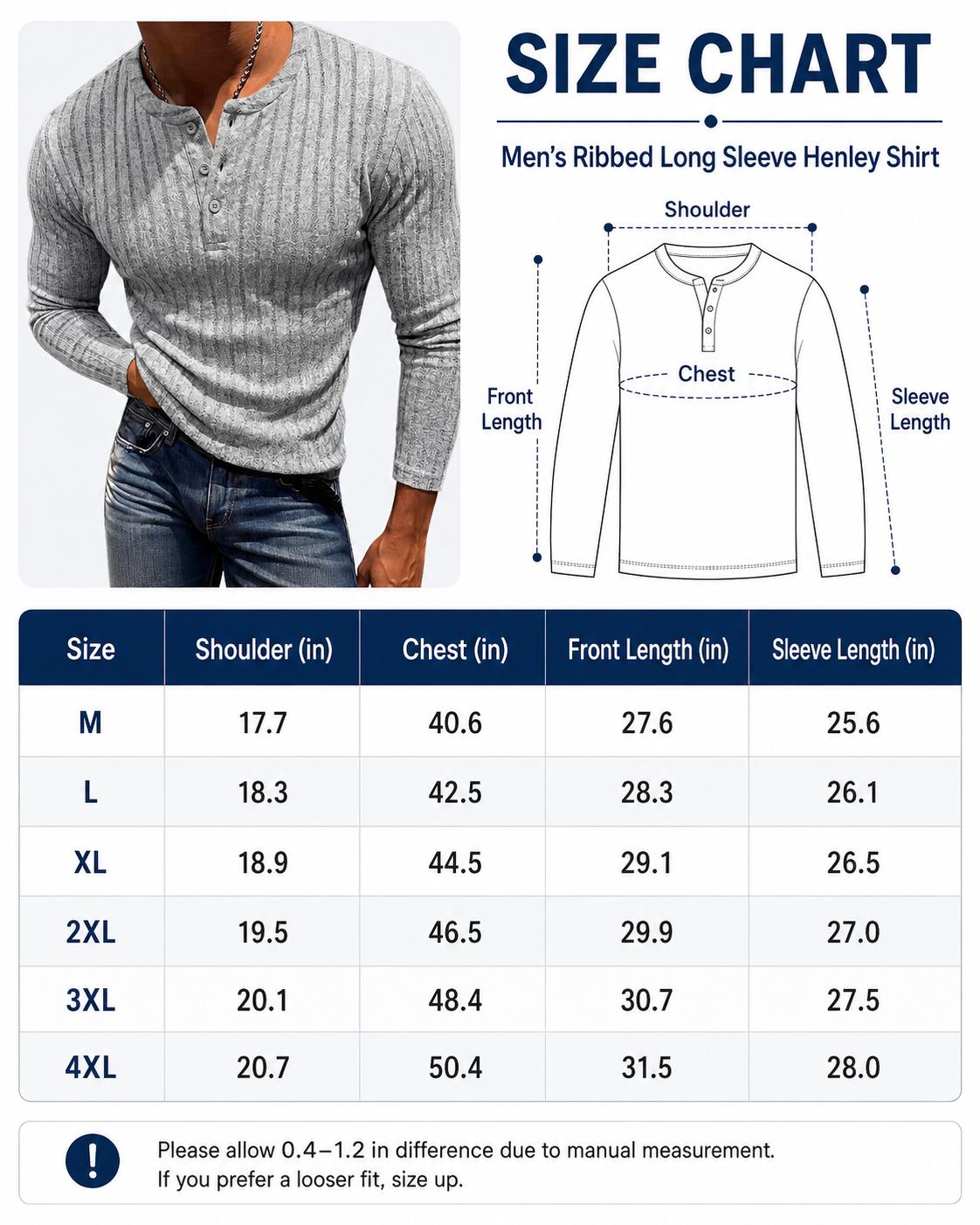 Men’s Ribbed Henley Long Sleeve Shirt Slim Fit Stretch Casual Knit Pullover for Men Soft Breathable Fashion Tee