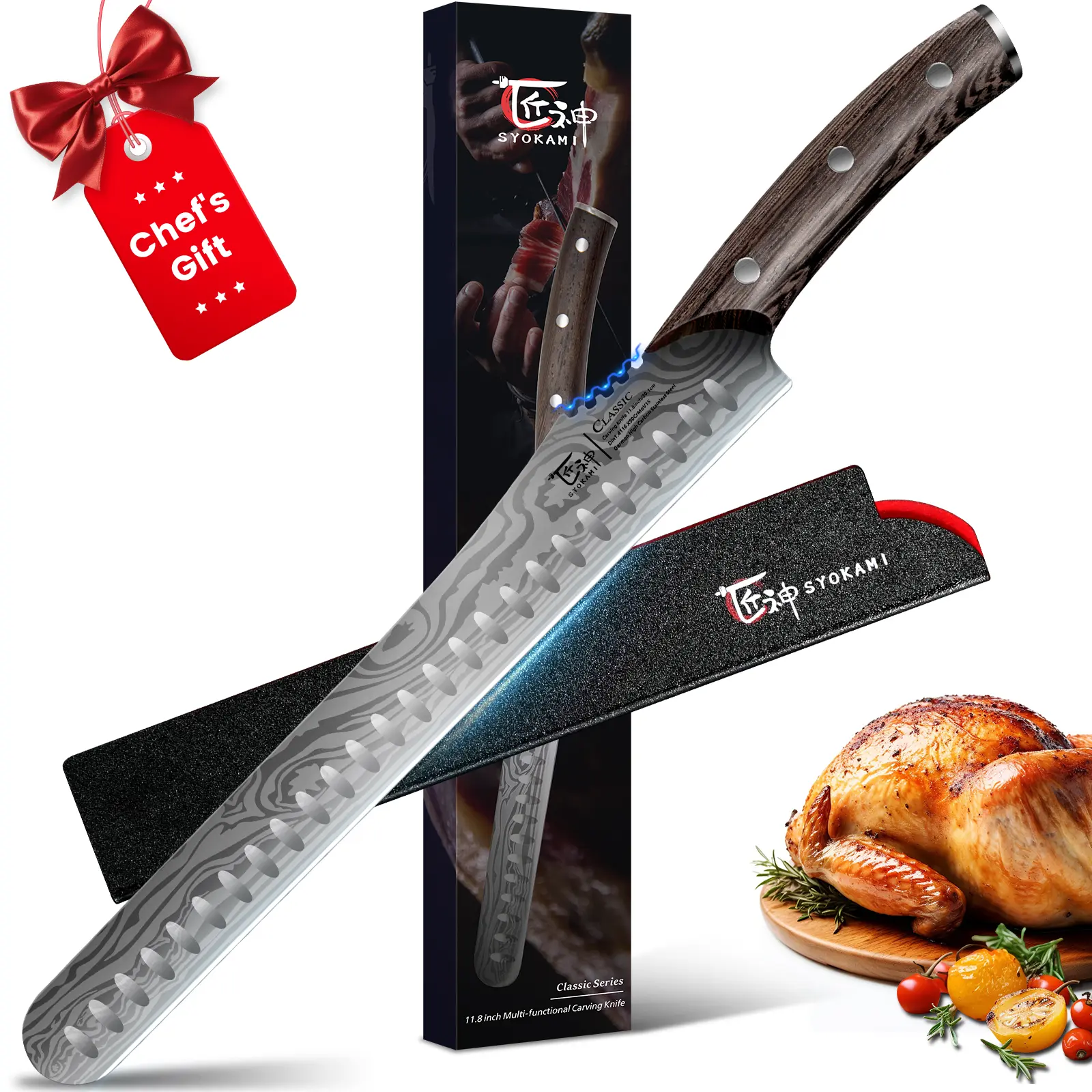 【DealsForYouDays】 SYOKAMI 12 Inch Multifunction Carving Knife, High-Carbon Japanese Style Brisket Knife with Wood Handle, Damascus Pattern Full Tang Design, Razor Sharp Slicing Knife for Meat Cutting with Gift Box, Gift for Mother's Day
