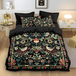 Vintage Bird & Floral 3D Printed Bedding Set 3Pcs (1 Duvet Cover + 2 Pillowcases), Art Nouveau Morris Style Soft Microfiber Bed Set for Aesthetic Maximalist Bedroom Decor, Soft Bedding Sets
