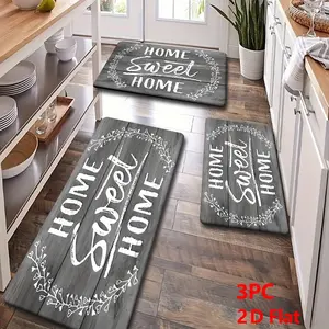 2/3 Piece Flannel Kitchen Mat Set, Vintage Wood Color, Home Sweet Home Design, Non-Slip, Absorbent