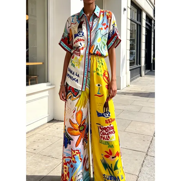 All Over Print Lapel Short Sleeve Shirt Wide Leg Pants Matching Outfit