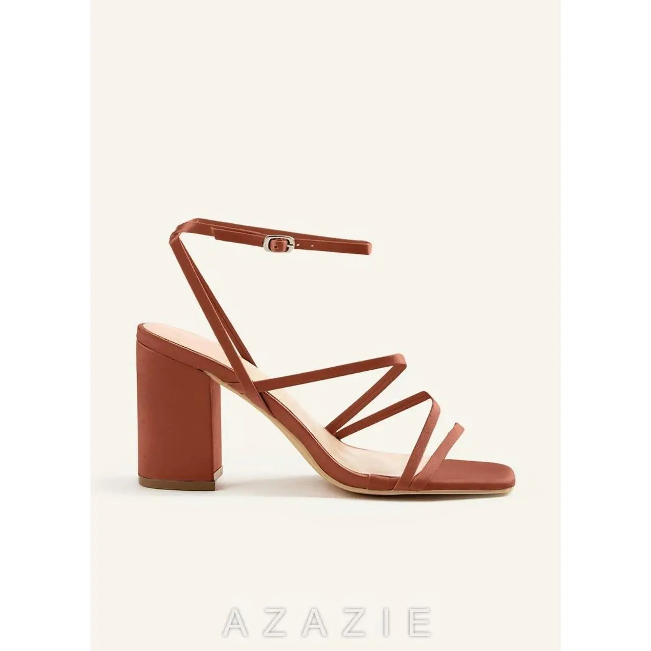 Matching Color Matte Satin Ankle Strap Block Heel Sandals