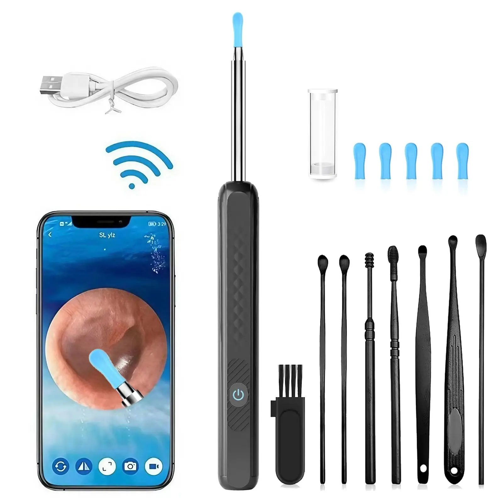 Ear Wax Removal - Earwax Remover Tool with 8 Pcs Ear Set - Ear Canal Cleaner with 1080P Camera， Ear Cleaning Kit with 5Pcs Replacement Heads - Ear Camera for iOS & Android, Ear Care Kit