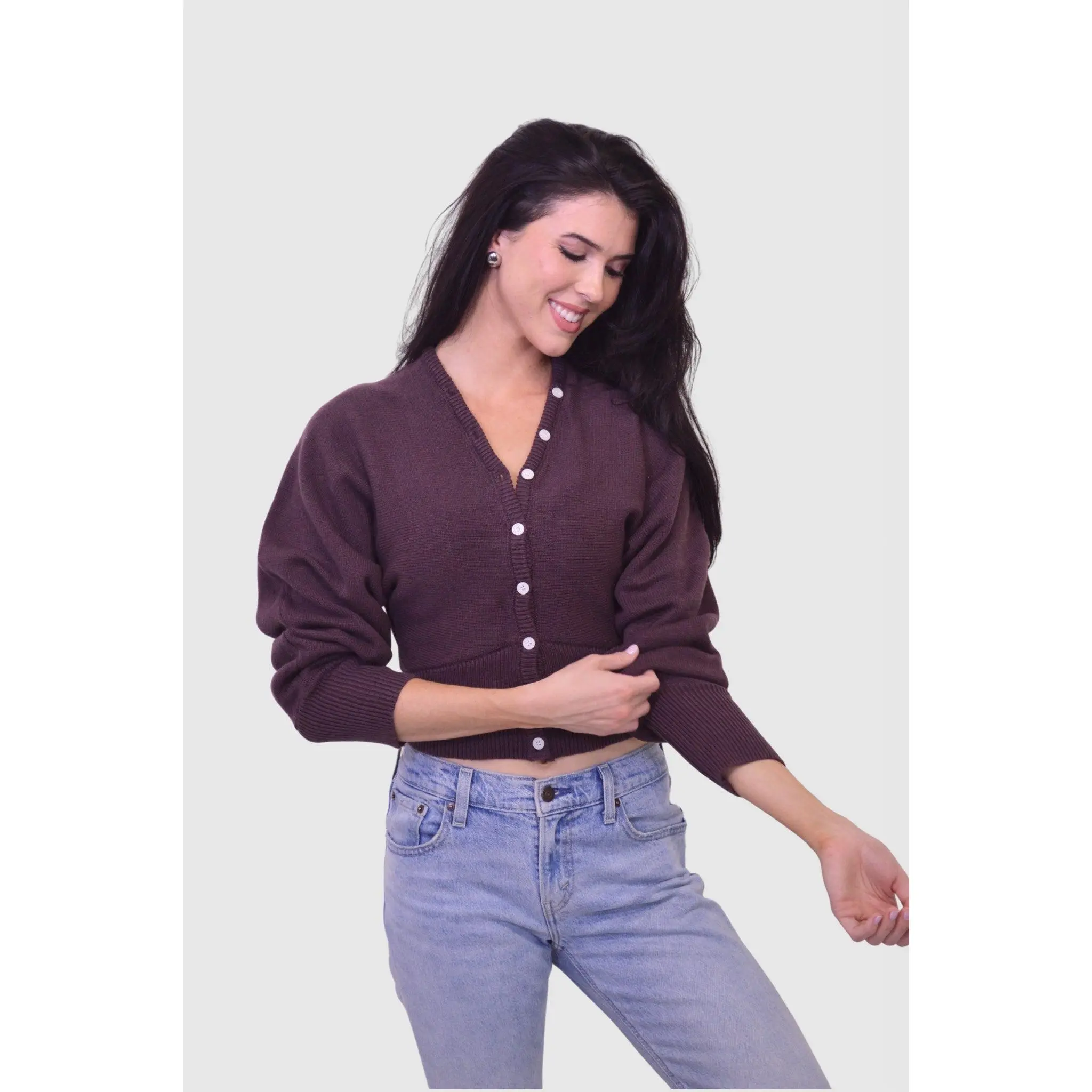 Button-Up To Neck Long Sleeve Cotton Cardigan in Maroon