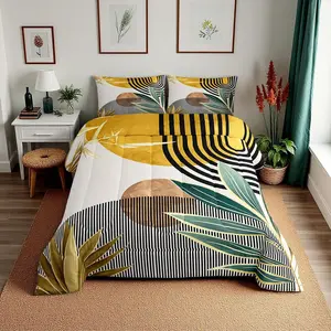 Mid Century Bedding Set,Contemporary Bohemian Comforter Set,Modern Abstract Stripes Bedding Sets, Geometric Retro Minimalism Boys Quilt