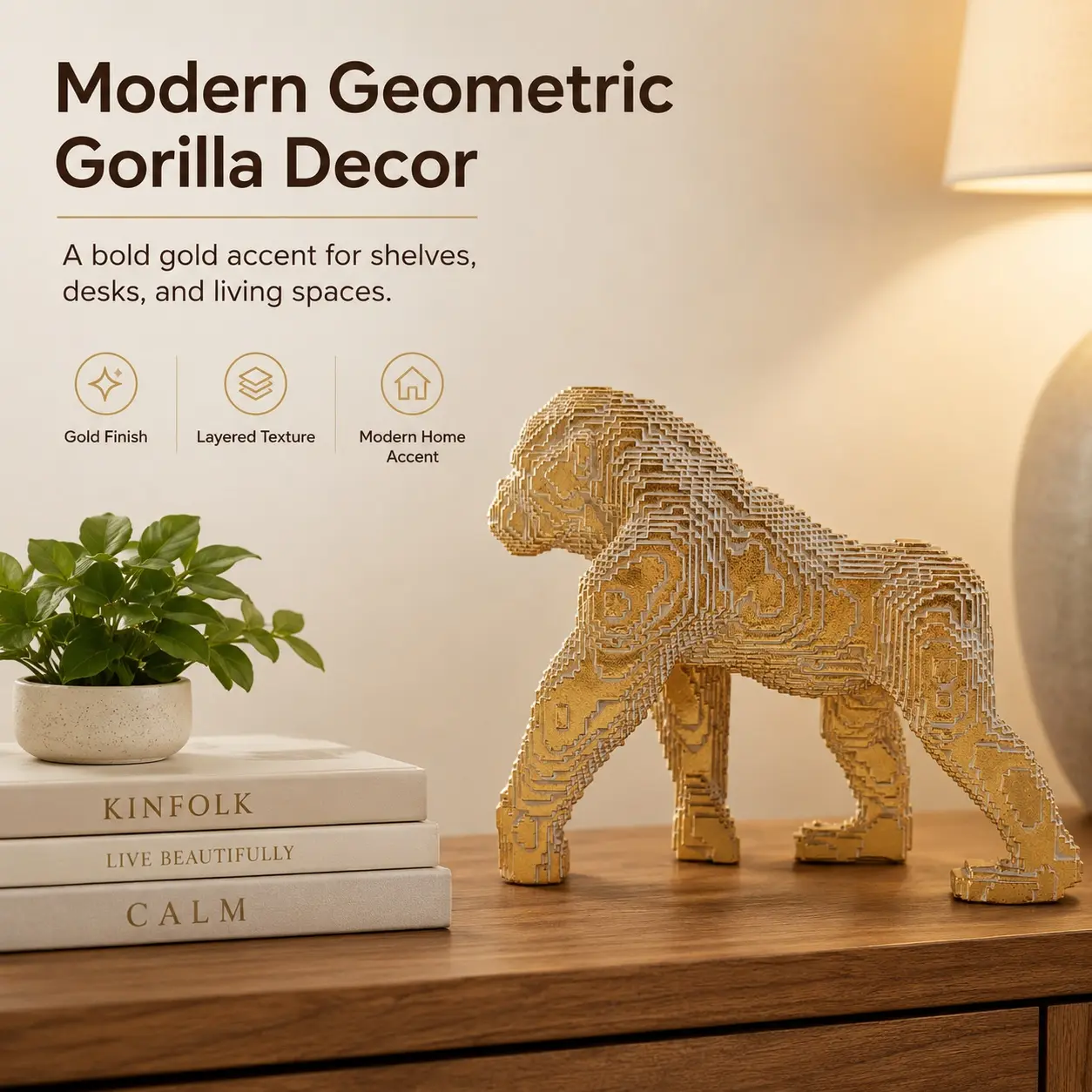 MOTIAHOOM Gorilla Statue, 6.46" Geometric Resin Gorilla Decor, Pixel Art Animal Figurine for Bookshelf, Office Desk, Living Room Shelf Decor