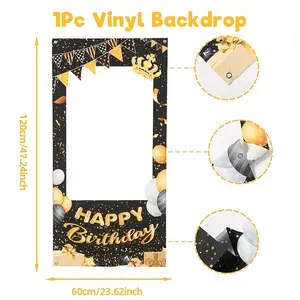 2D Photo Booth Props, elegant black and gold First Birthday photo booth set - festive balloons and snowflake designs, with a "Happy Birthday" polyester backdrop featuring a crown and party decorations, wwx