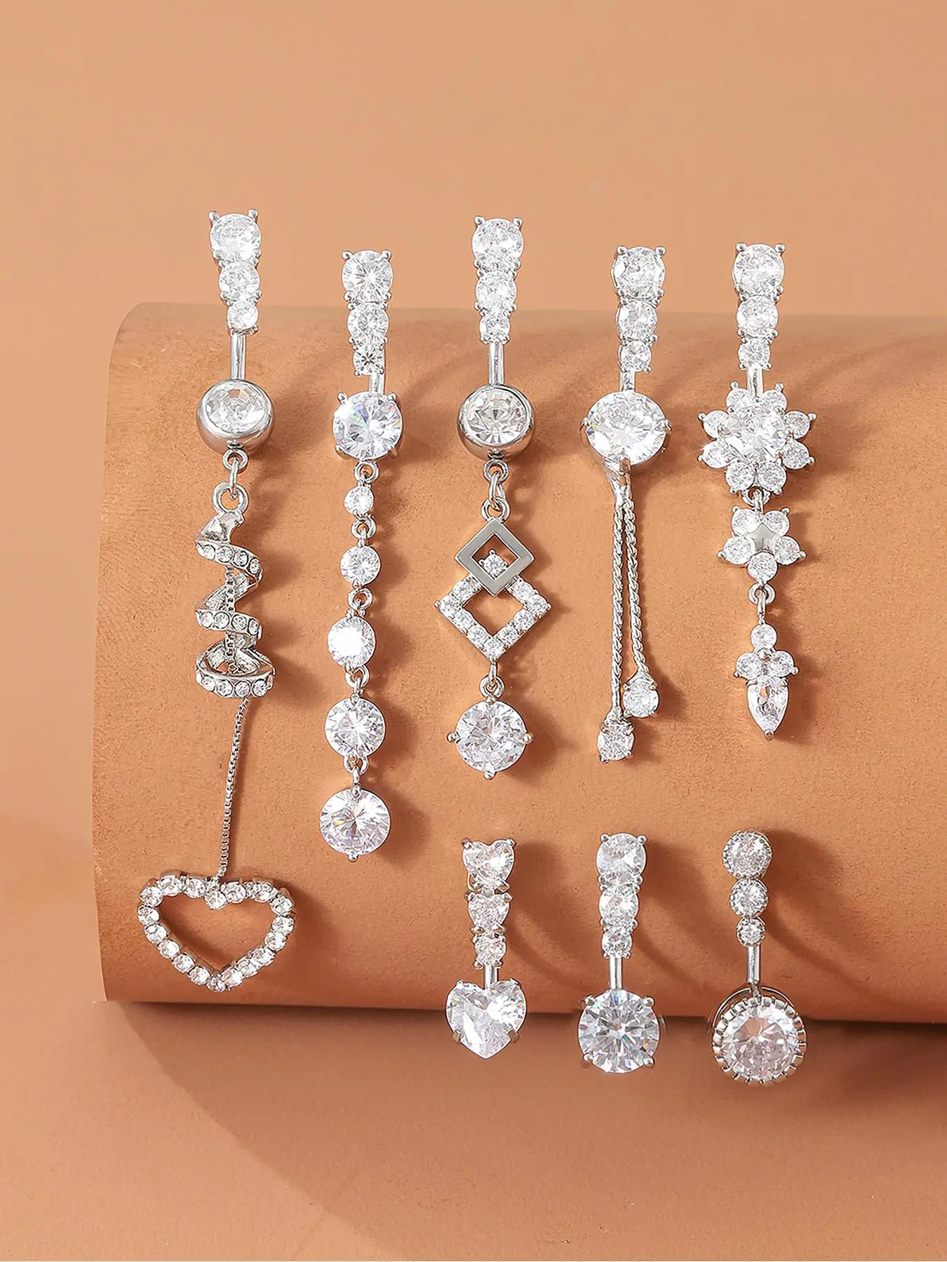 Luxury Heart & Geometric Artificial Zircon Belly Button Rings Set for Women, Navel Piercing Jewelry, Chic Body Jewelry with Elegant Design, Copper Material, All Seasons Wear