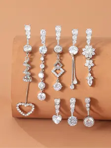 Luxury Fashion Heart Square Zircon Belly Button Rings Navel Piercing Jewelry Set for Women, Elegant Geometric Design, Copper Material, All Seasons Wear