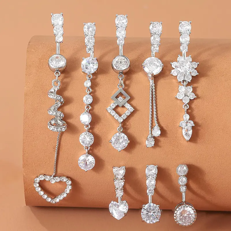 Luxury Heart & Geometric Artificial Zircon Belly Button Rings Set for Women, Navel Piercing Jewelry, Chic Body Jewellery with Elegant Design, Copper Material, All Seasons Wear