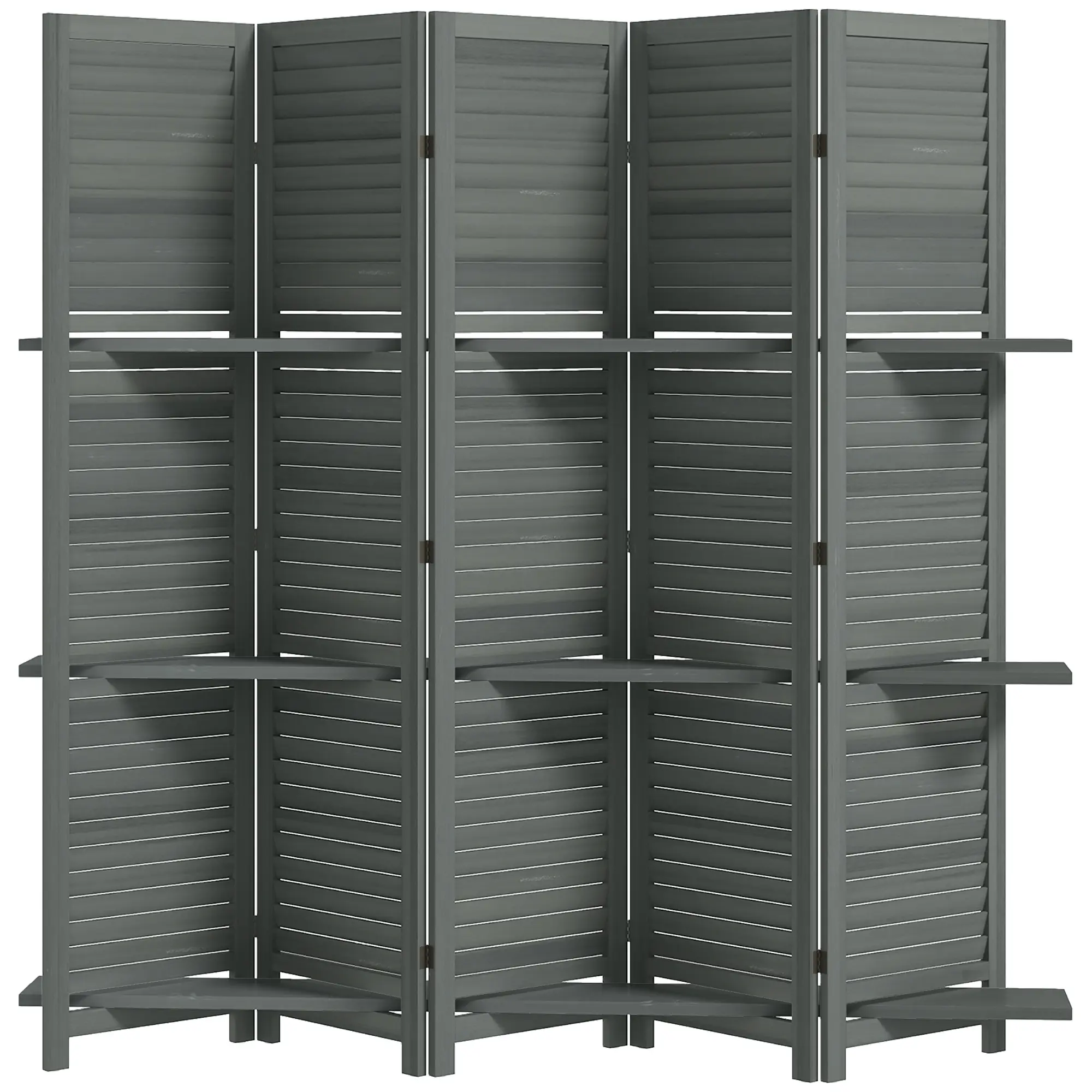 Gray 5-Panel Wood Privacy Screen Room Divider - 67in Tall, 78.75in Wide, Louvered Slat Design, 3 Display Shelves for Photos/Plants, 12 Steel Hinges, Space-Saving Foldable for Living Room/Bedroom