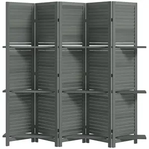 Gray 5-Panel Wood Privacy Screen Room Divider - 67in Tall, 78.75in Wide, Louvered Slat Design, 3 Display Shelves for Photos/Plants, 12 Steel Hinges, Space-Saving Foldable for Living Room/Bedroom