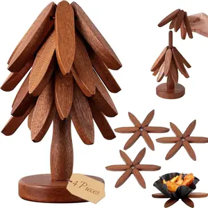 Wooden Heat Insulating Pads Set with Stand, Foldable Kitchen Wooden Trivet, Solid Wood Trivets, Tree-Shaped Coasters, Four-Piece Natural Folding Kitchen Mat, Classic Aesthetic