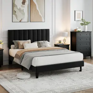 Full Size Black Velvet Upholstered Platform Bed Frame with Vertical Striped Headboard & Footboard Sturdy Metal Support Noise-Free Construction No Box Spring Needed Quick Easy Assembly Modern Stylish Bedroom Furniture