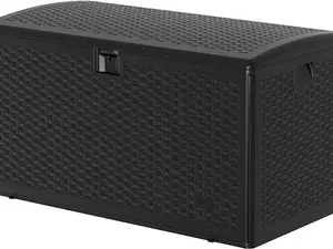 99 Gallon Outdoor Deck Storage Box – Weatherproof HDPE Resin Patio Storage Chest with Lockable Hydraulic Lid – UV Resistant, Large Capacity for Tools, Pool Toys, Furniture Cushions – Black Wicker Style