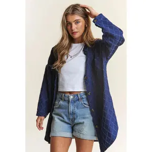 J.NNA Rhombus Stitched Button Up Denim Shacket