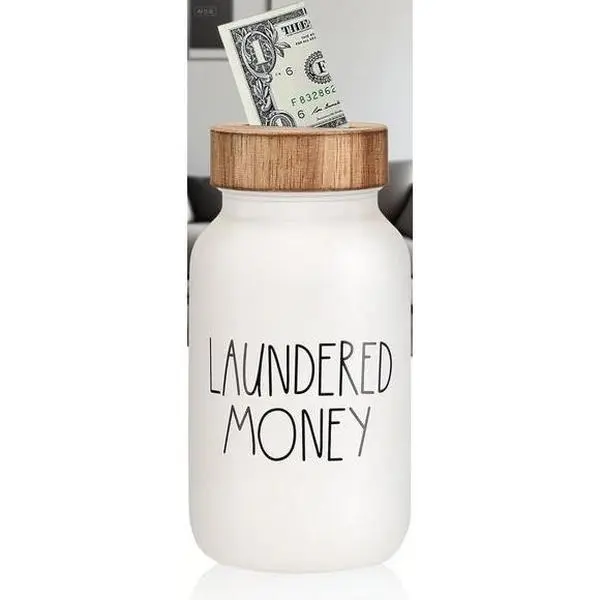 Farmhouse Style Wood Lid Coin Jar - Rustic Home Decor for Laundry Room - Funny Money Saving Container - Reusable Mason Jar Piggy Bank - Handcrafted Country Themed Black Tin Storage Solution