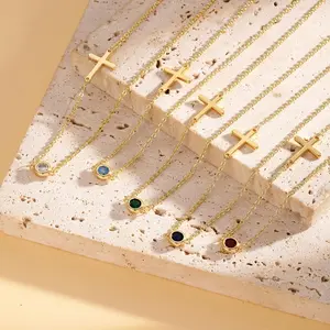 Gold Plated Cross Birthstone Necklace, Cross Birthstone Pendant Necklace for Women, Tiny Sideway Cross Choker Necklace, Trendy Christmas Gift for Women