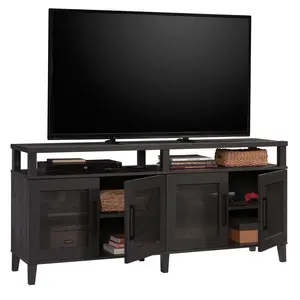 Sauder Tiffin Line 4 Door Credenza Modern Entertainment Storage Cabinet for 65" TV with Adjustable Shelves and Hidden Mesh-Panelled Doors