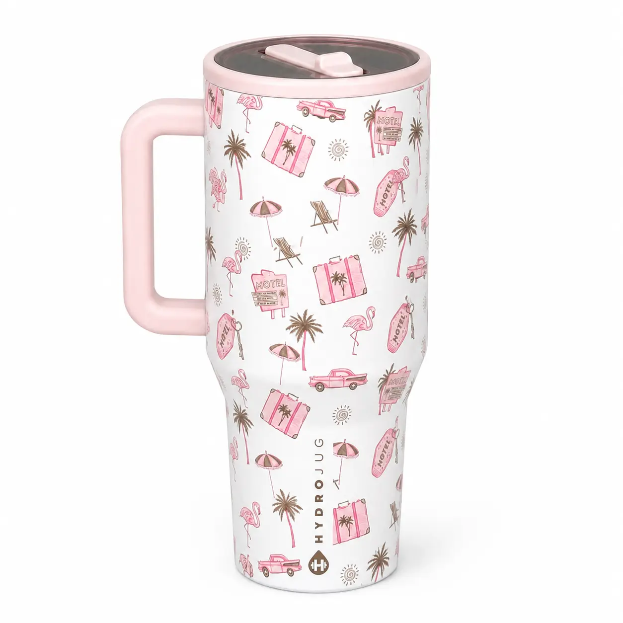 HydroJug 40oz Aesthetic Retro Pink Vacation Tumbler with Handle - Flamingo Palm Tree Print, Double Wall Vacuum Insulated Stainless Steel Flask, Leakproof Straw Lid, Cup Holder Friendly for Beach, Kids, Coffee, Road Trips