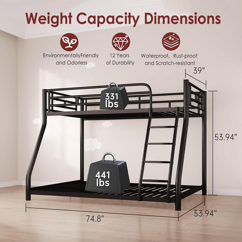 Metal Twin Over Full Size Bunk Bed for Adults & Kids,Twin Over Full Bunk Beds, Low Profile Bunkbeds with Length Guardrail and Ladder, No Box Spring Needed,Space Saving,Black