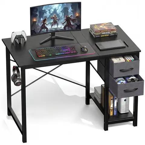 Computer Desk with Drawers 40 Inch 47 Inch, Home Office Desk with Storage, Study Writing Desk with Hooks, Modern Wood Desk for Bedroom Small Space