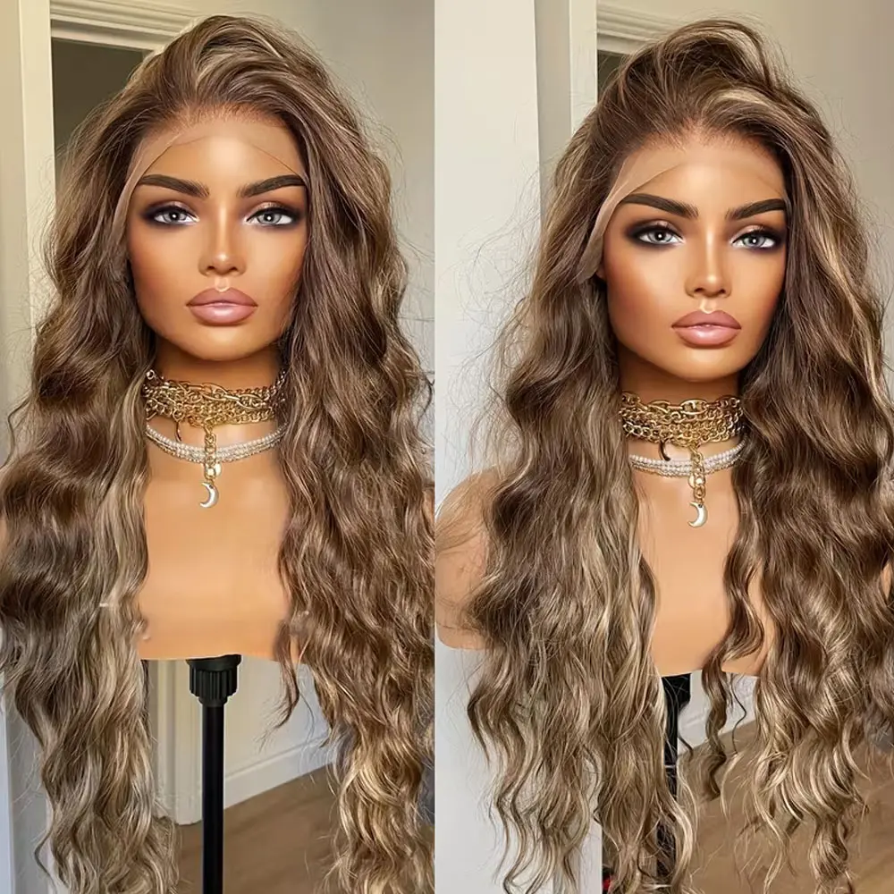 Women's Synthetic Lace Front Wig - 28 in Darker Ombre Highlight Loose Wavy Wigs, 13X4 Transparent Lace, Glueless Heat-Resistant Fiber, Frontal for Everyday Wear