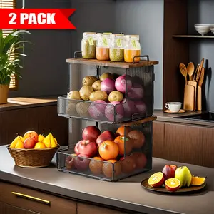 2-Pack Fruit Basket Wire Basket, Stackable Wall-Mounted Countertop Kitchen Counter Organizer for Snacks, Fruits and Vegetables Storage, Onion and Potato Hanging Basket with Wooden Lid