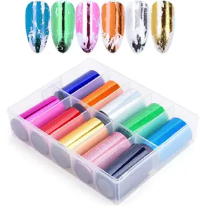 10 Sheets Holographic Nail Art Foil Transfer Stickers - Metallic Color Print Nail Decals 3D Self-Adhesive Stickers DIY Manicure Decoration Kit springtok