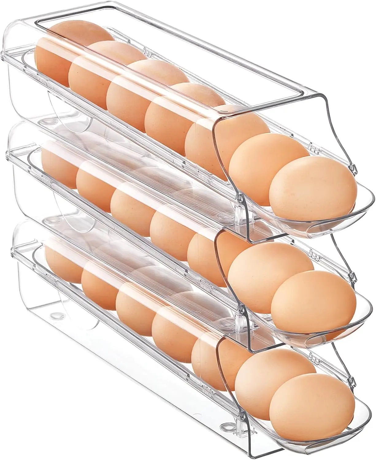 3-Pack Fridge Egg Holder - Auto-Rolling Egg Storage Container, Stackable Organizer Drawer with Removable Tray