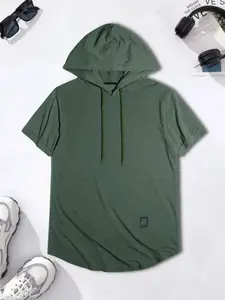 2026 Men's Solid Plain Drawstring Hooded Jersey Tee, Casual Regular Fit Short Sleeve T-Shirt for Summer, Menswear for Daily Wear