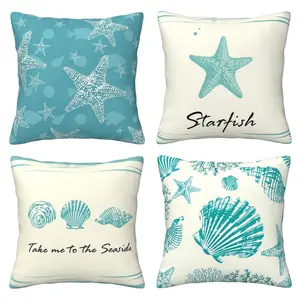 Beach starfish pillow, ocean shell conch summer coastal style decorative pillowcase, suitable for sofas, beds, home terraces, 4-piece set with double-sided printing